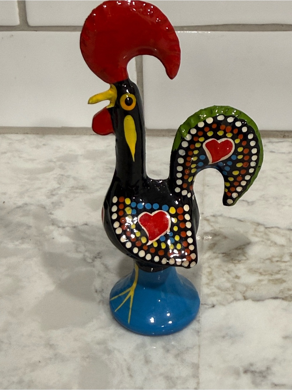 Traditional vintage Portuguese hand-painted good luck rooster metal figurine